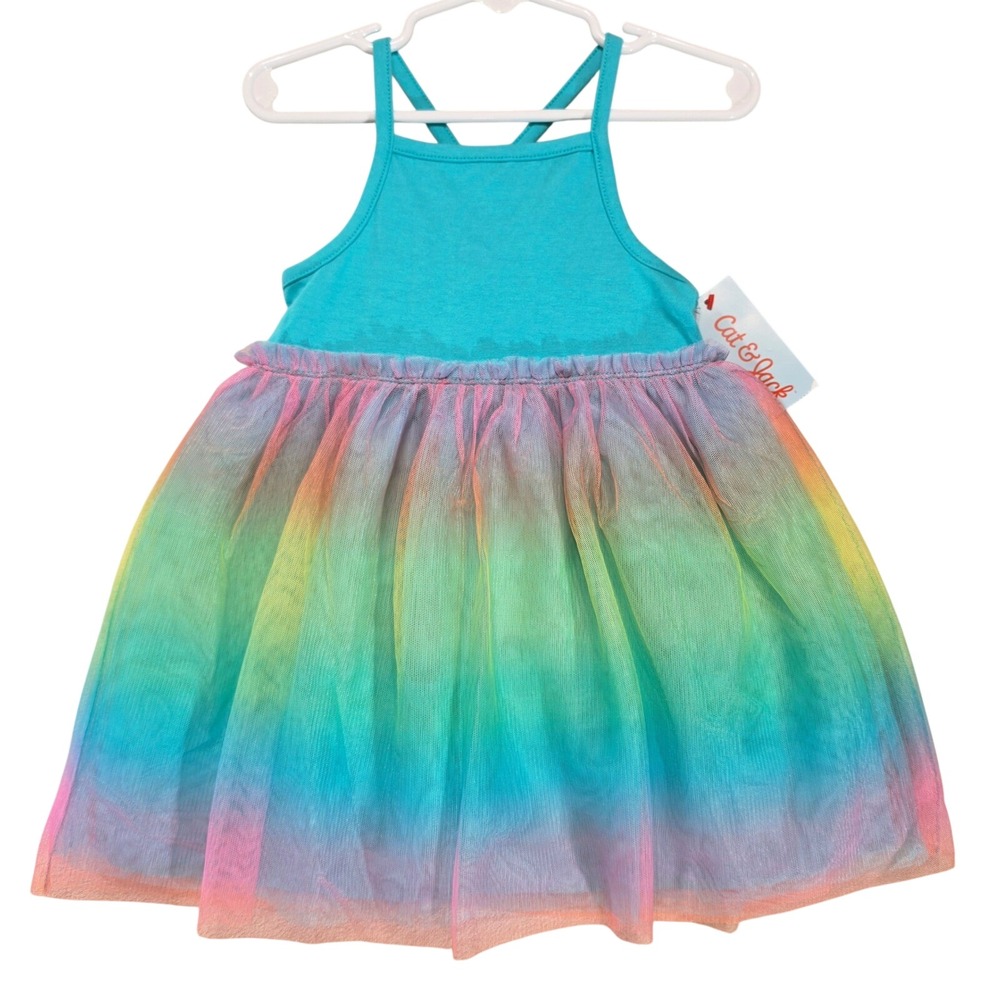 Cat & Jack Girls Rainbow Ombre Tulle Tutu Dress Teal Blue 2T Sleeveless NWT